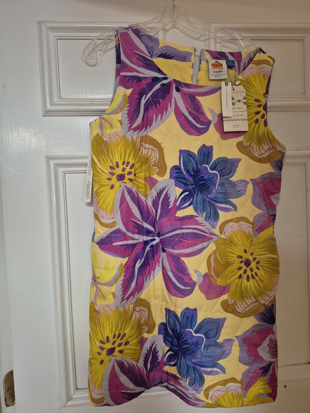 FARM Rio Yellow Floral Sleeveless Shift with Purple & Blue Blooms MED NWT